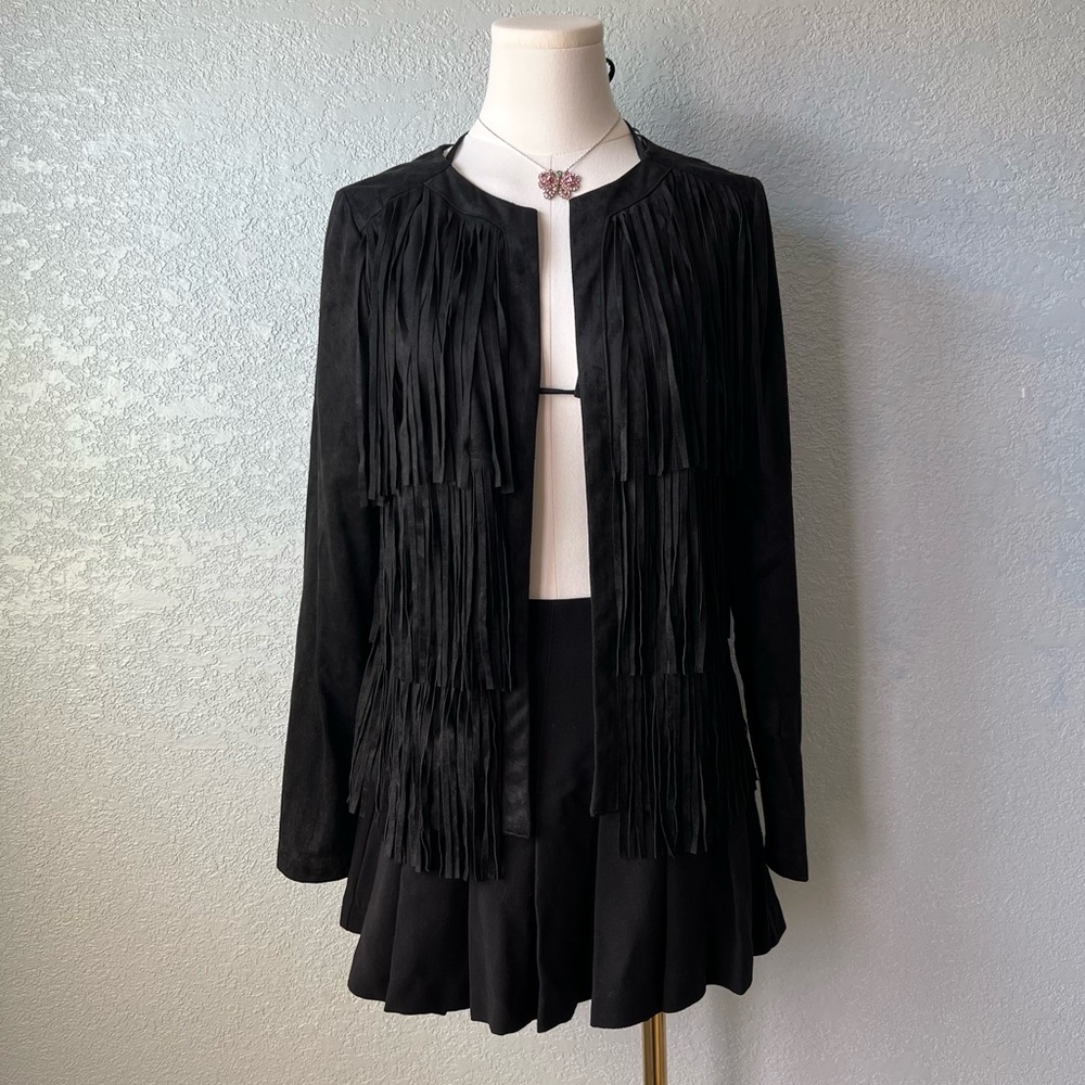 Kensie Black Suede Fringe Leather Jacket